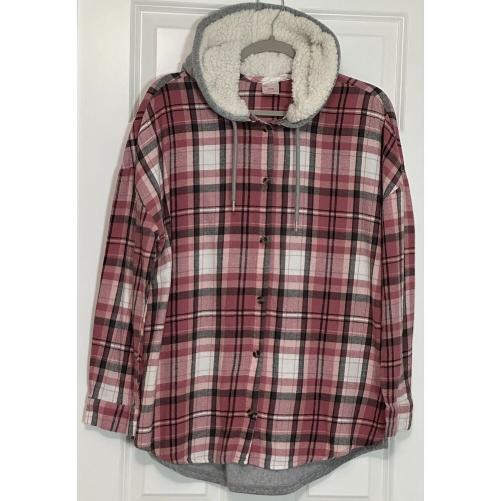 No Boundaries Sherpa Hood Flannel Shacket‎ Junior's XL Pink Gray Plaid Cozy